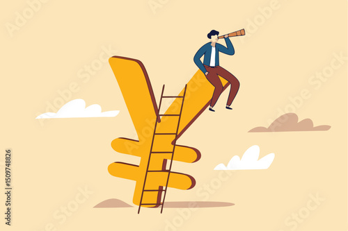 Japan economic vision and forecast, leadership skill to lead country financial in economics crisis concept, businessman climb up ladder to top on Japanese yen sign using telescope to see future vision