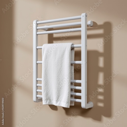 Modern white heated towel rail radiator with multiple horizontal bars, mounted on beige wall for bathroom heating and towel drying, close-up view
