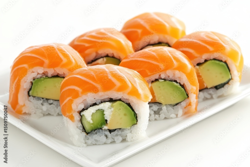 Fresh Salmon Sushi Rolls with Creamy Avocado on White Plate Fresh Salmon Sushi Rolls with Creamy Avocado on White Plate