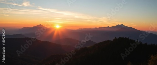 Majestic sunset over mountain peaks, lush forests, and rolling hills,  stunning,  picturesque