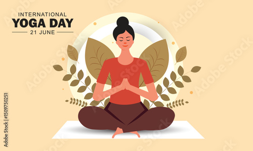 International Yoga Day. Beautiful girl doing yoga with leaves.