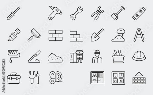 Set of 30 outline icons related to construction. This outline icon set includes helmet, hammer, wrench, crane, repair tools, builder, engineering and more. Editable stroke. Vector illustration 