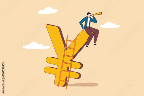 Japan economic vision and forecast, leadership skill to lead country financial in economics crisis concept, businessman climb up ladder to top on Japanese yen sign using telescope to see future vision