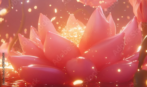 Glowing pink lotus flower in magical pond, fantasy setting, spiritual peace, website banner