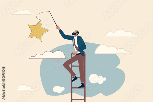 Retirement pension fund target, financial planning for retiree or success retirement life concept, elderly senior retired man climbing up ladder to the top high into the sky to grab the star.