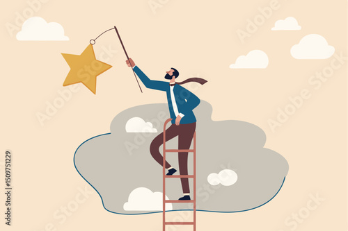 Retirement pension fund target, financial planning for retiree or success retirement life concept, elderly senior retired man climbing up ladder to the top high into the sky to grab the star.