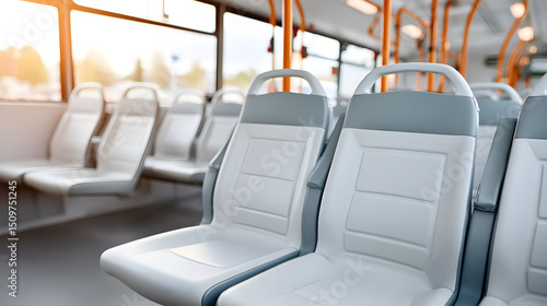 Inside a public transport bus with clean seats, an image showcasing an inviting ride for any traveler
