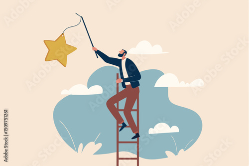 Retirement pension fund target, financial planning for retiree or success retirement life concept, elderly senior retired man climbing up ladder to the top high into the sky to grab the star.