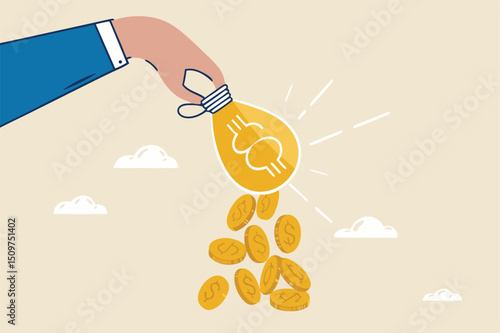 Idea to make money, financial innovation or business or investment ideas, earning or profit from creativity concept, dollar money coins falling from businessman hand shaking the lamp or lightbulb idea