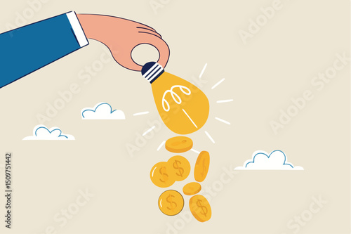 Idea to make money, financial innovation or business or investment ideas, earning or profit from creativity concept, dollar money coins falling from businessman hand shaking the lamp or lightbulb idea