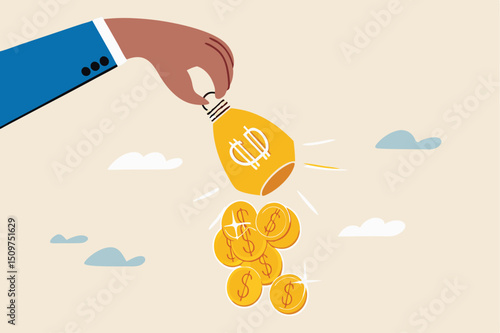 Idea to make money, financial innovation or business or investment ideas, earning or profit from creativity concept, dollar money coins falling from businessman hand shaking the lamp or lightbulb idea