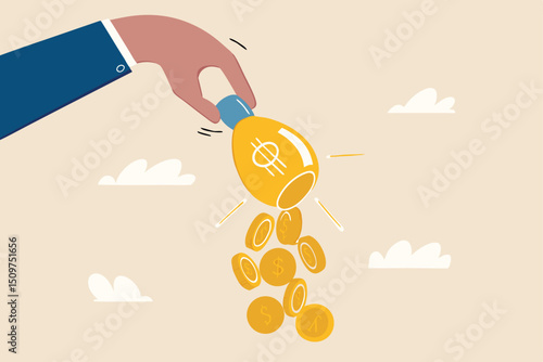 Idea to make money, financial innovation or business or investment ideas, earning or profit from creativity concept, dollar money coins falling from businessman hand shaking the lamp or lightbulb idea
