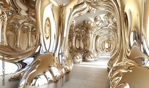 Golden, liquid metal corridor interior; futuristic architecture; light reflections; abstract background; design inspiration