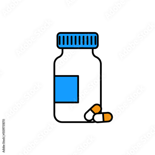 Medicine bottle with capsules icon in flat style