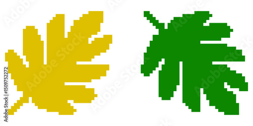 Pixel tropical leaf icon vector for summer design, nature theme, and retro green elements. Ideal for jungle, vacation, and pixelated outdoor illustration needs.