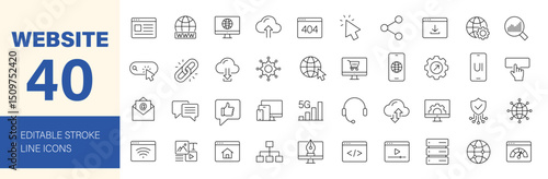 Website icon set. Containing internet, content, SEO, hosting, server, homepage, e-commerce, web design, user interface and more. Editable line icons. Vector illustration.