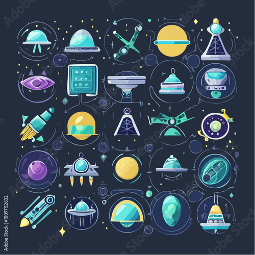 Fictional alien tech items, designed for concept development, sci-fi branding, or interface visuals.