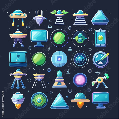 Fictional alien tech items, designed for concept development, sci-fi branding, or interface visuals.