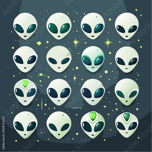 A vector icon sheet featuring stylized alien heads with futuristic shapes and glowing details. Designed for use in sci-fi interfaces, games, or concept art.