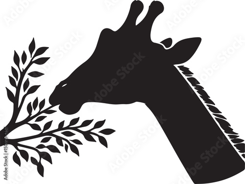 Giraffe Silhouette Bending to Eat Leaves in Side View