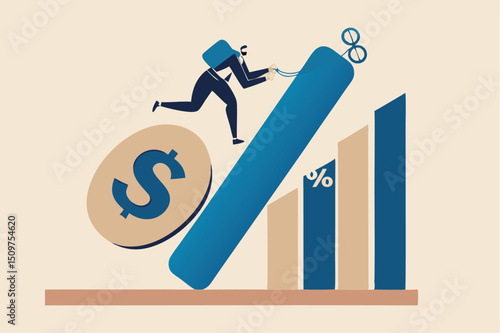Personal loan interest rate, finance risk, debt or mortgage to pay back, credit or monetary policy concept, man trying hard to pulling heavy money bag labeled as loan up the hill on percentage sign.