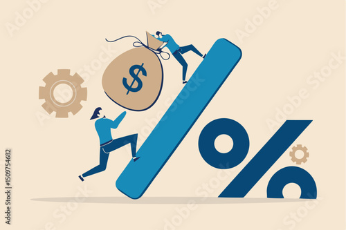 Personal loan interest rate, finance risk, debt or mortgage to pay back, credit or monetary policy concept, man trying hard to pulling heavy money bag labeled as loan up the hill on percentage sign.