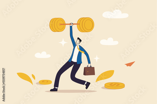 Financial literacy or investment advisor, wealth management concept, strong businessman lifting heavy money coin weights.