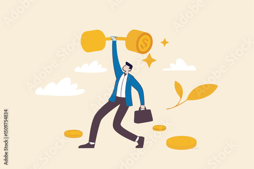 Financial literacy or investment advisor, wealth management concept, strong businessman lifting heavy money coin weights.