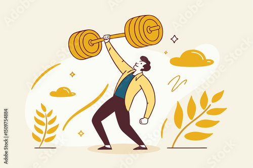 Financial literacy or investment advisor, wealth management concept, strong businessman lifting heavy money coin weights.
