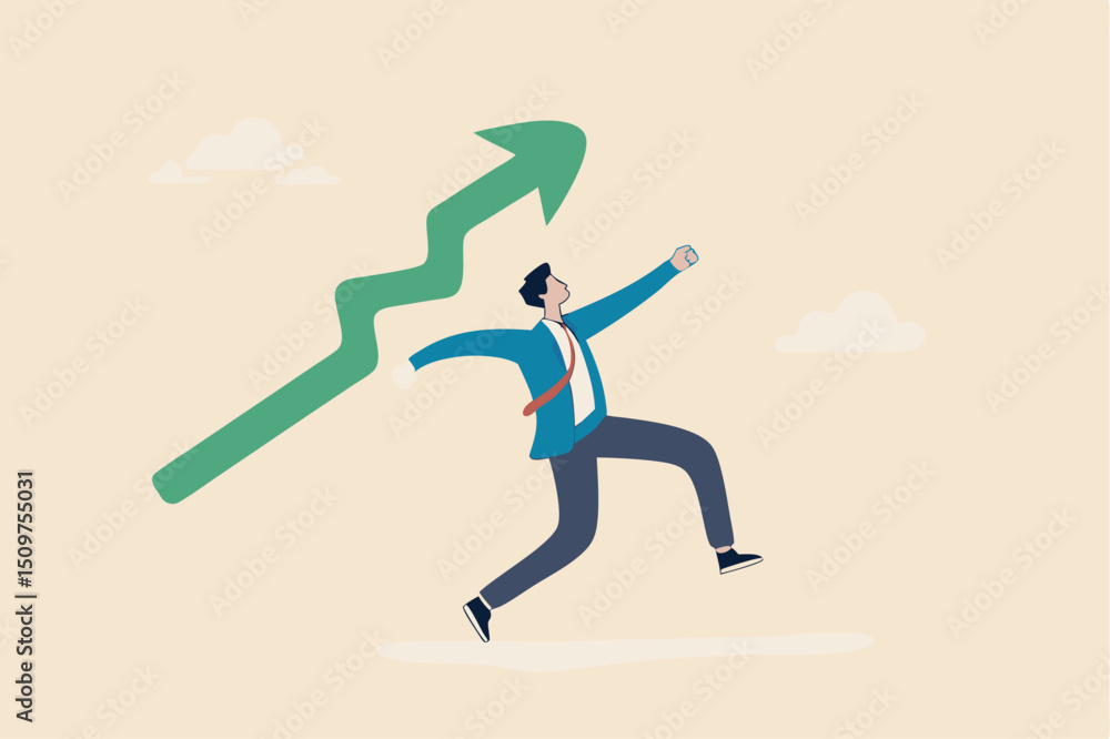 Business growth and improvement, target high profit, stock market soaring, bull market or economic prosperity concept, strong businessman throwing green rising up arrow javelin. Business growth and improvement, target high profit, stock market soaring, bull market or economic prosperity concept, strong businessman throwing green rising up arrow javelin.
