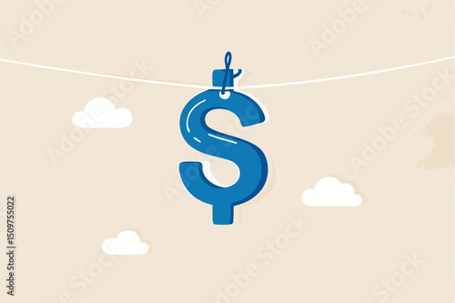 Money laundering and financial crime, cleaning dirty money process, tax cheating or illegal profit concept, US dollar sign hanging dry after laundry or wash metaphor of money laundering.
