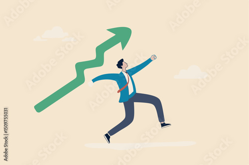 Business growth and improvement, target high profit, stock market soaring, bull market or economic prosperity concept, strong businessman throwing green rising up arrow javelin.