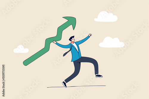 Business growth and improvement, target high profit, stock market soaring, bull market or economic prosperity concept, strong businessman throwing green rising up arrow javelin.