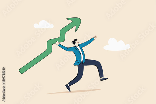 Business growth and improvement, target high profit, stock market soaring, bull market or economic prosperity concept, strong businessman throwing green rising up arrow javelin.