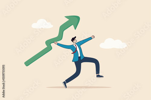 Business growth and improvement, target high profit, stock market soaring, bull market or economic prosperity concept, strong businessman throwing green rising up arrow javelin.