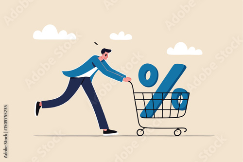 Shopping discount percentage, mortgage loan interest rate or investment earning and profit concept, businessman investor or consumer pushing shopping cart trolley with big percentage sign.