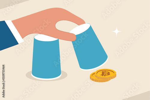 Bitcoin bet, cryptocurrency investment or make profit and rich from BTC gambling game concept, hand playing guessing game reveal victory with Bitcoin physical coin under the correct glass.