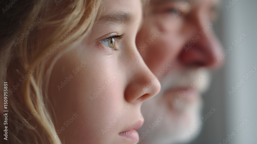 A touching moment of intergenerational connection, a young girl and older man, side by side, lost in thought. The depth of field draws focus on the girl's profile. A touching moment of intergenerational connection, a young girl and older man, side by side, lost in thought. The depth of field draws focus on the girl's profile.