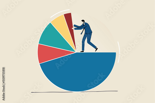 Business analysis, investment asset allocation or economic statistic concept, smart businessman standing on pie chart pushing allocation to the best performance position.