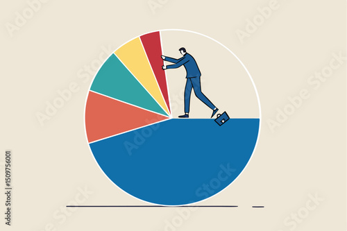 Business analysis, investment asset allocation or economic statistic concept, smart businessman standing on pie chart pushing allocation to the best performance position.