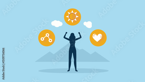 Empowered Woman Silhouette with Bright Future Sun Heart Connection and Network Sharing Digital Graphic