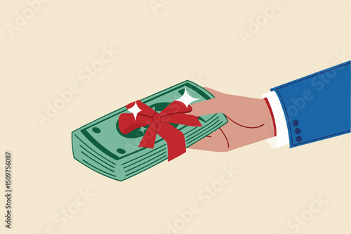 Paying extra bonus money to employee, special gift more salary or premium payment for high performance worker concept, businessman boss hand giving banknotes cash with reward ribbon.