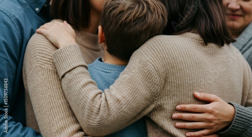 Family Embracing Together in a Close Group Hug