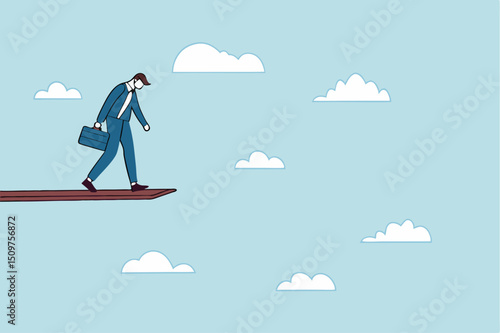 Investment or financial risk to fall down from economic recession, fear of losing money or debt payback concept, businessman standing on high jumping wood in the sky looking down with fear of height.