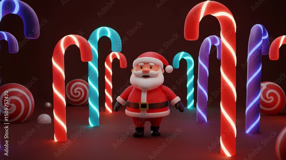 Santa Claus stands amid a festive forest of glowing,colorful candy canes and peppermint candies on dark red surface.Cartoon-style,3d imitation.