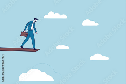 Investment or financial risk to fall down from economic recession, fear of losing money or debt payback concept, businessman standing on high jumping wood in the sky looking down with fear of height.