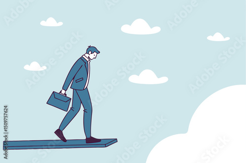 Investment or financial risk to fall down from economic recession, fear of losing money or debt payback concept, businessman standing on high jumping wood in the sky looking down with fear of height.