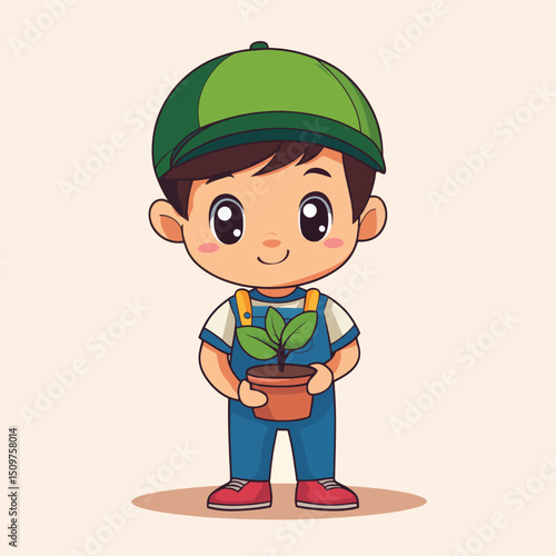 Cheerful Cartoon Boy in Green Cap Tenderly Holding a Potted Plant