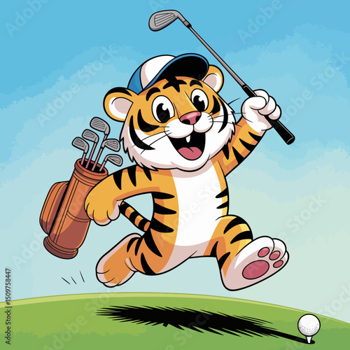 Tiger with Golf Club on Course