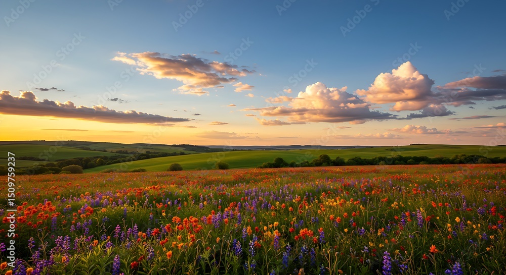Fototapeta premium This picturesque image captures a sprawling wildflower meadow in full bloom, with orange, yellow, and purple hues under a gradient evening sky.